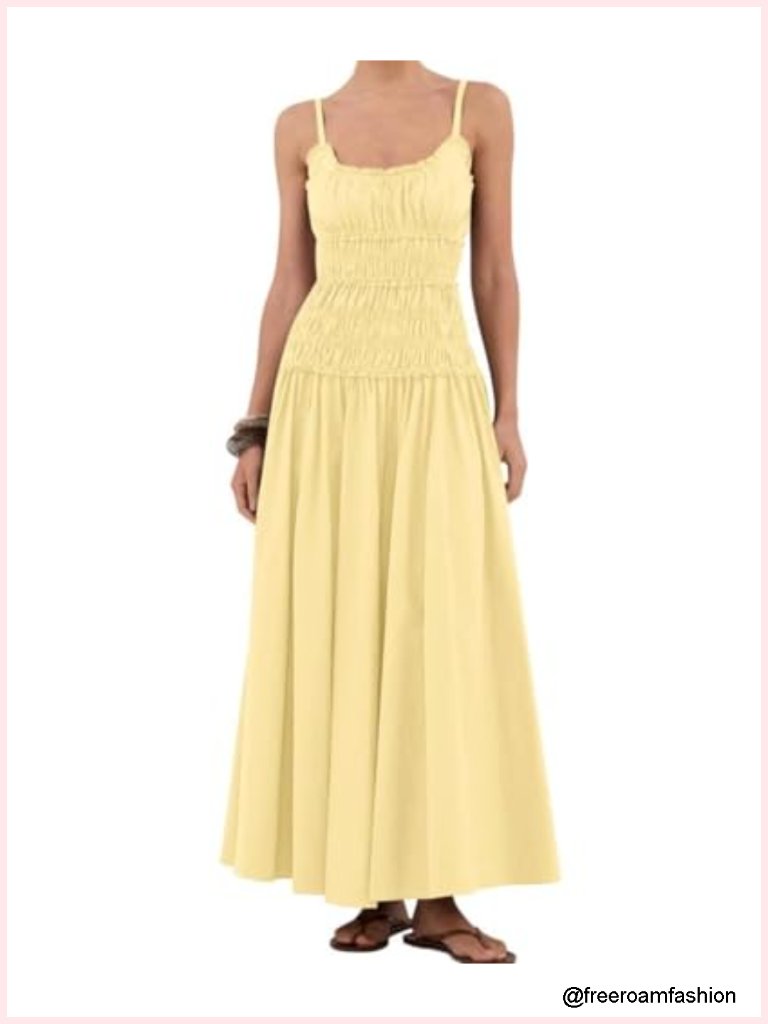 Spaghetti Strap Maxi Dress Sleeveless Smocked Ruffle Tiered Flowy Beach